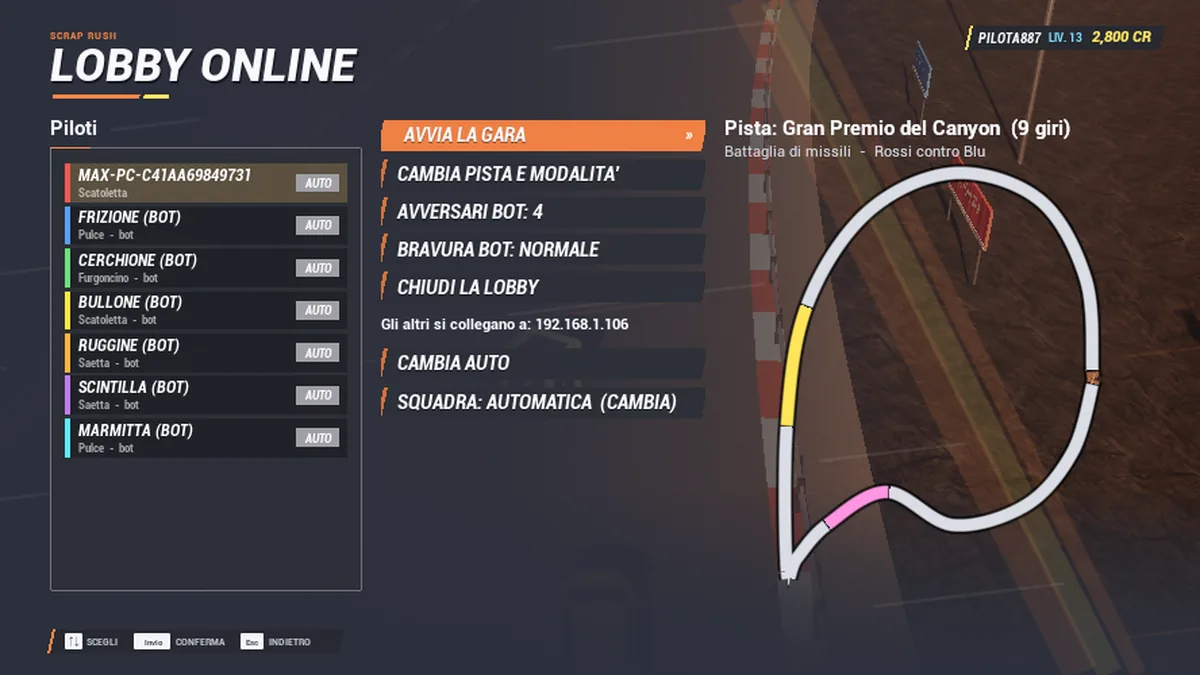 TrackRage online lobby: driver list, race settings and the track map