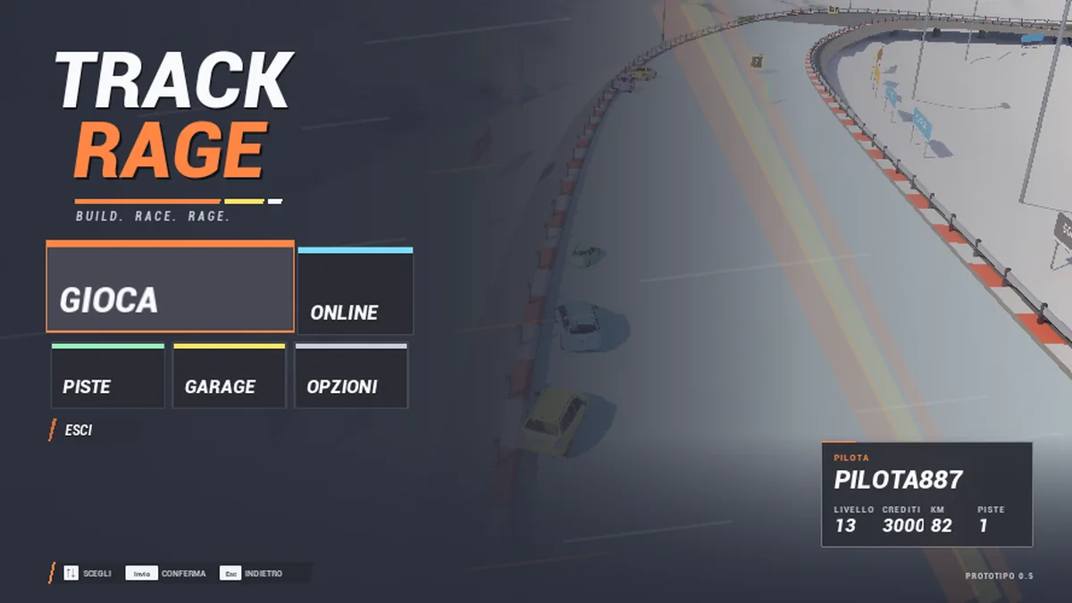 TrackRage main menu with the player card showing level, credits and distance